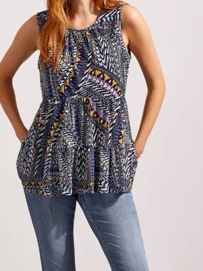 Tribal Jeans Navy Printed Sleeveless Peplum Tank with Yellow & Pink Accents